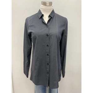 NEW PETER O. MAHLER navy microstripe cotton blouse in navy